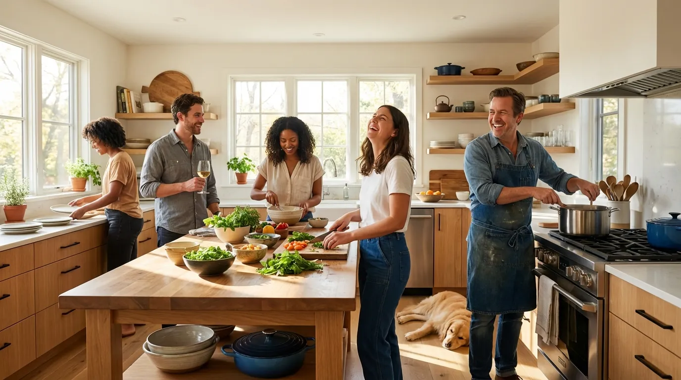Friends cooking together.