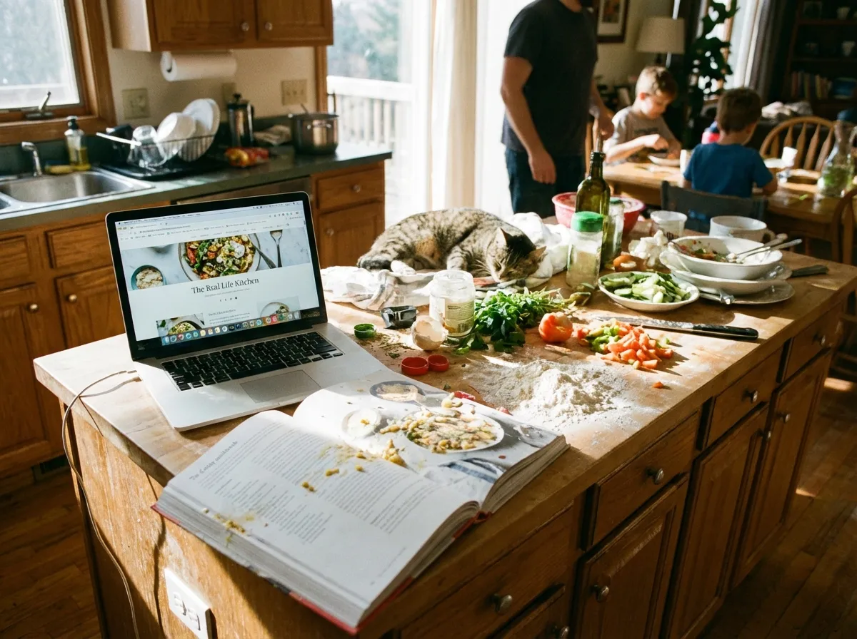 Messy kitchen counter lifestyle shot.